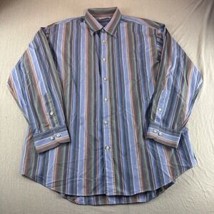 James Tattersall Shirt Mens XL Striped Long Sleeve Oxford Button Up Blue READ